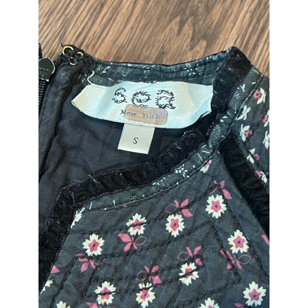 Sea New York Quilted Bib Floral Midi Dress Black Velvet Trim Long Sleeve Small - Picture 8 of 8